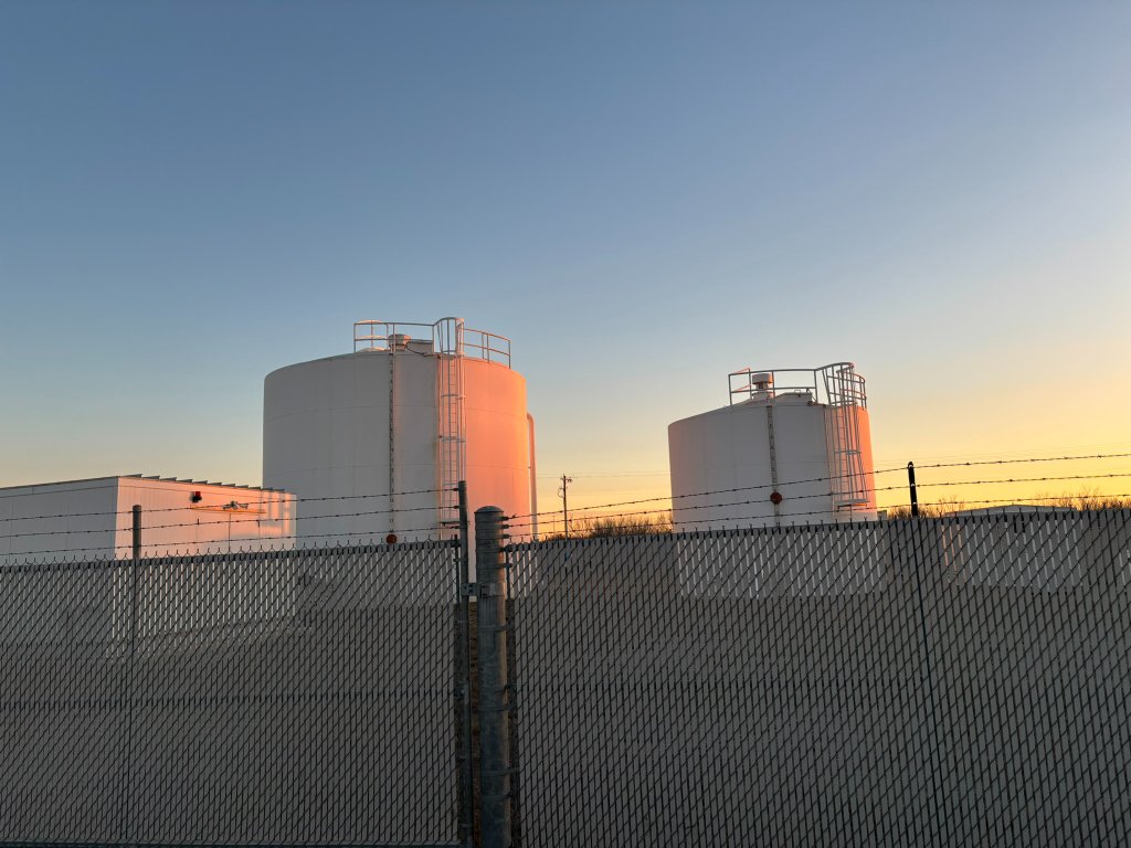 Water treatment facility at sunset