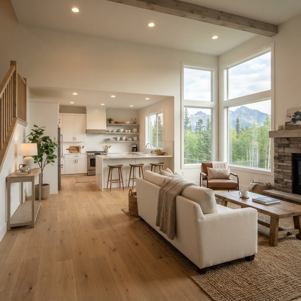 Bright, freshly cleaned Alaska living room with an open view toward a spotless kitchen, large windows overlooking spruce and birch trees with distant mountains