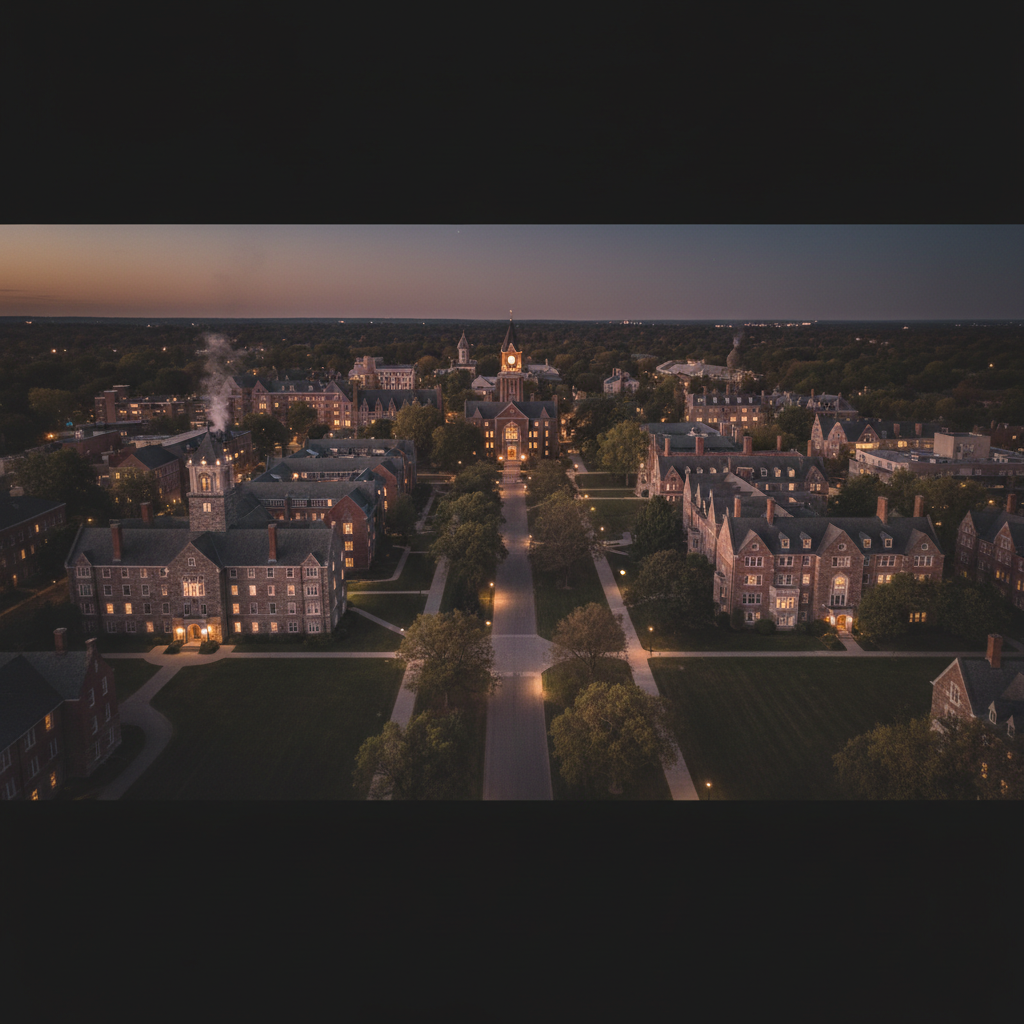 University campus at dusk