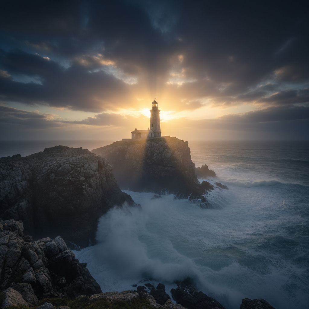 Lighthouse at dawn with golden light breaking through clouds
