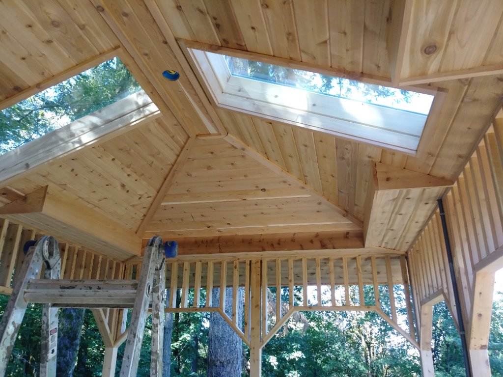 Gazebo cedar ceiling with skylights