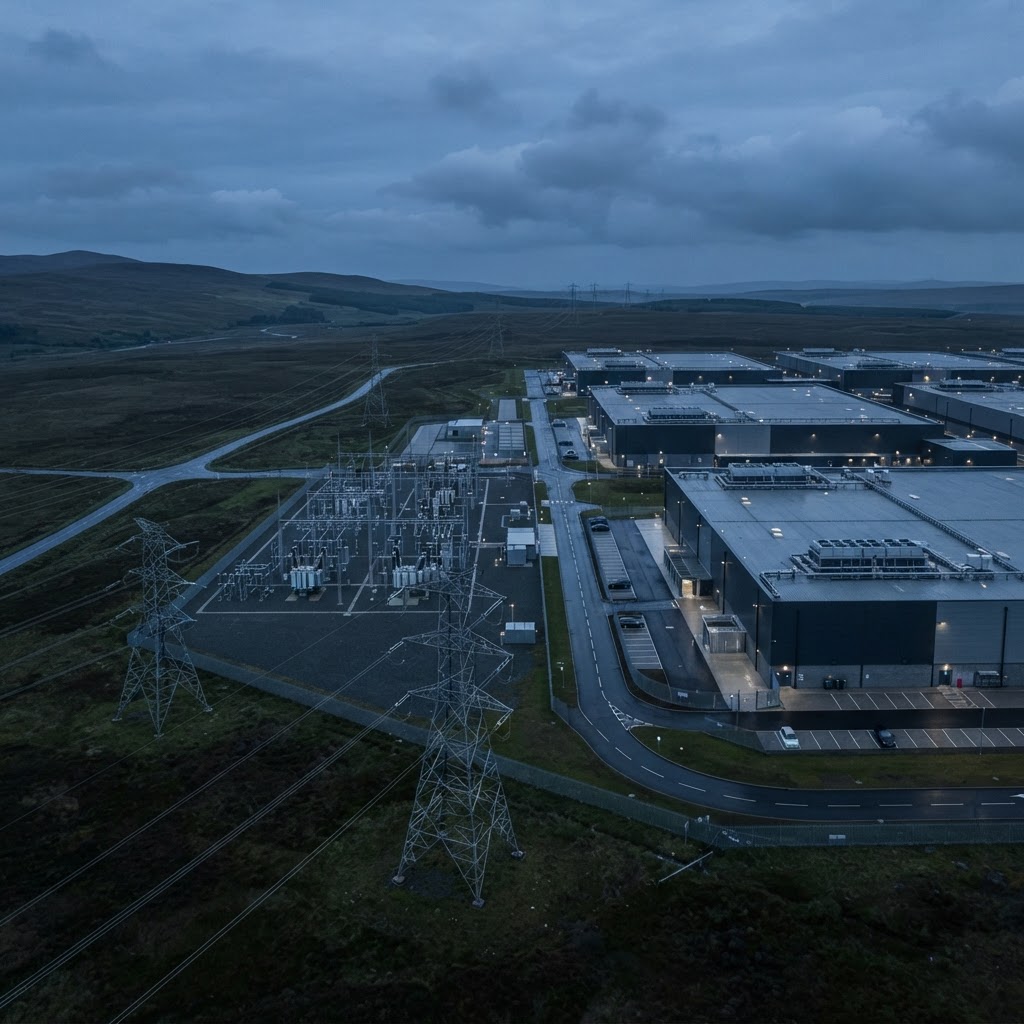 Data centre campus beside high-voltage infrastructure