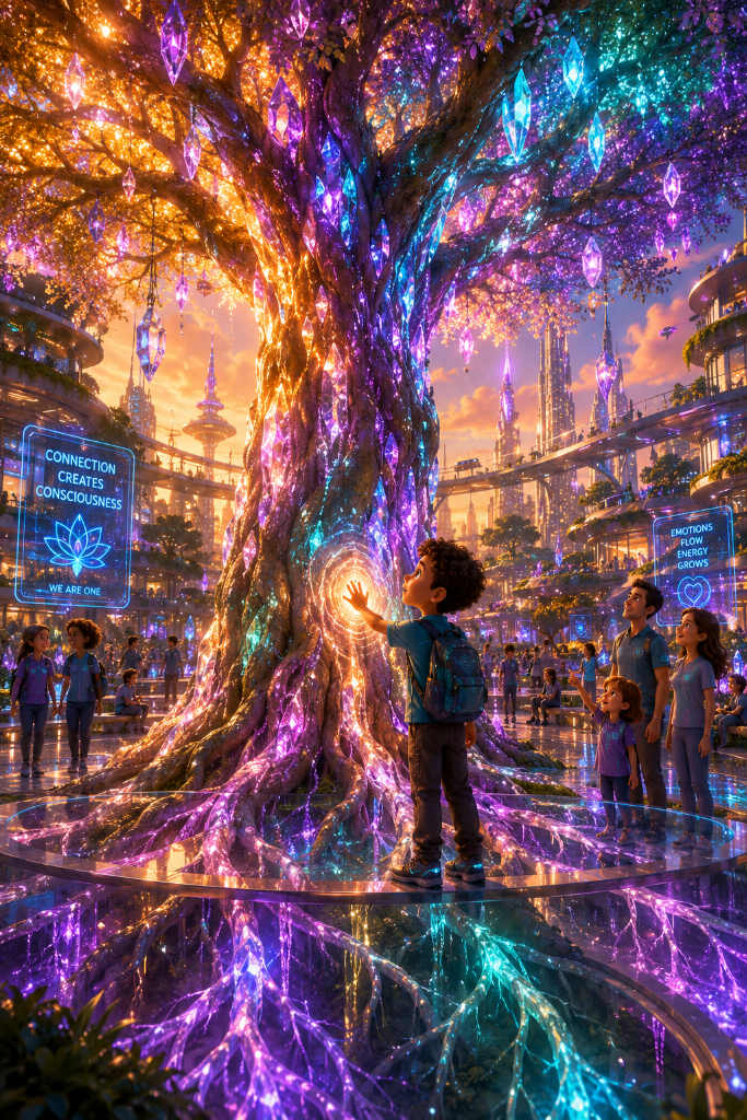 Street-level Solaria, glowing crystal trees, floating trains, everyday life.