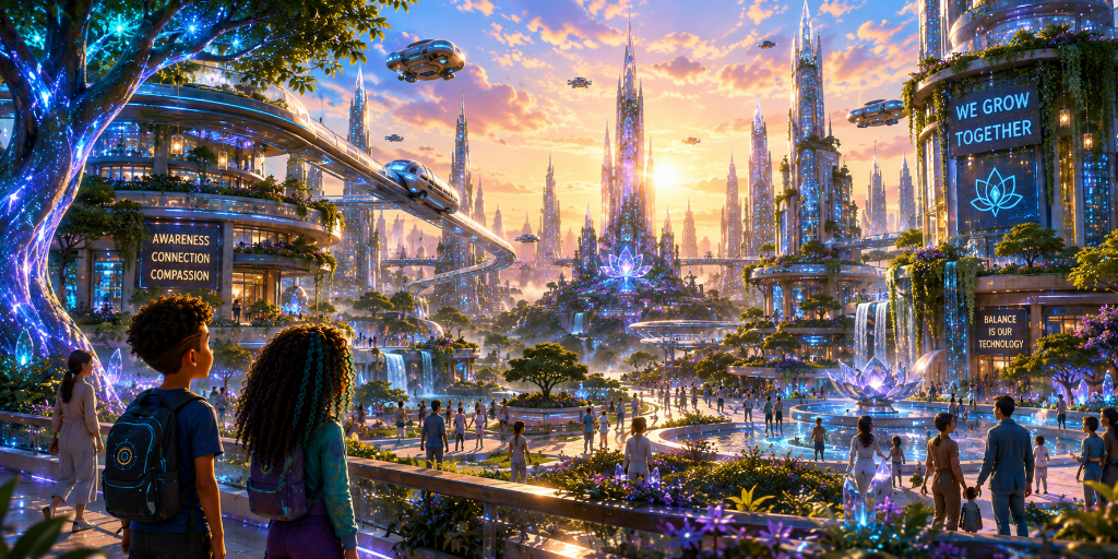 Future Solaria skyline, sunrise, floating rails, glowing city, atmosphere of wonder.