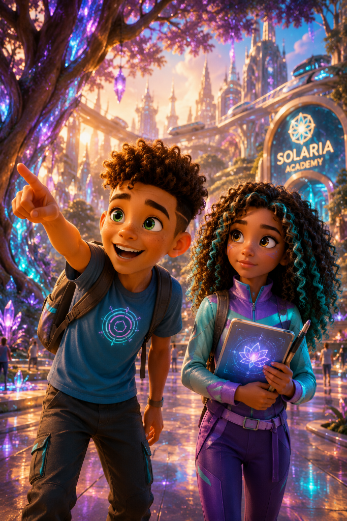 Kai, Skylar, and Lumia overlooking Solaria, hinting that something mysterious is about to happen.
