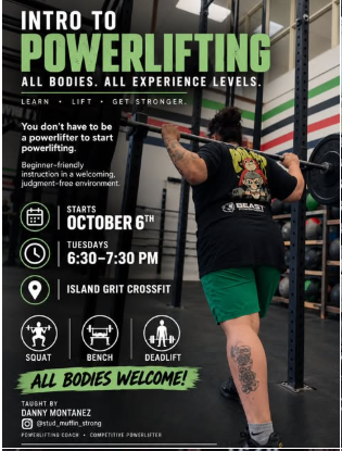 Intro to Powerlifting flyer with instructor Danny Montanez performing a back squat