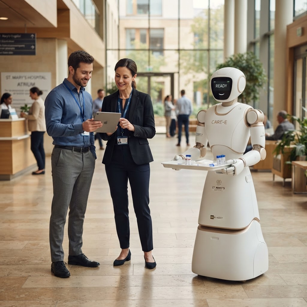 A humanoid service robot operating calmly alongside healthcare professionals in a European institutional setting
