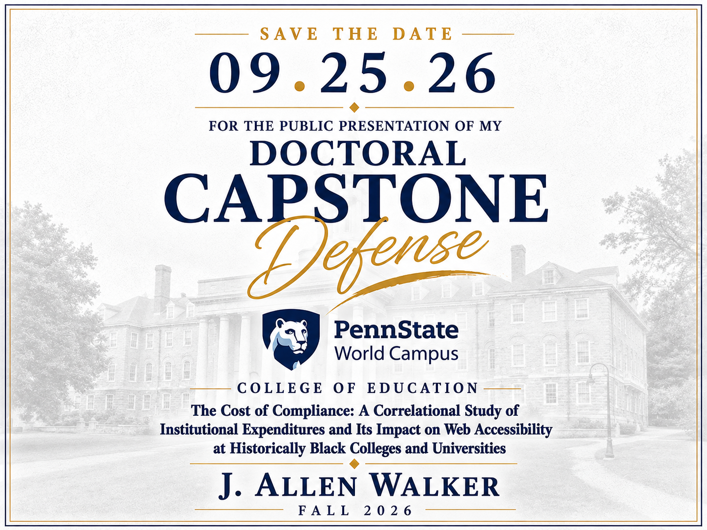 Save the Date — Capstone Defense, September 25, 2026, Penn State World Campus, College of Education