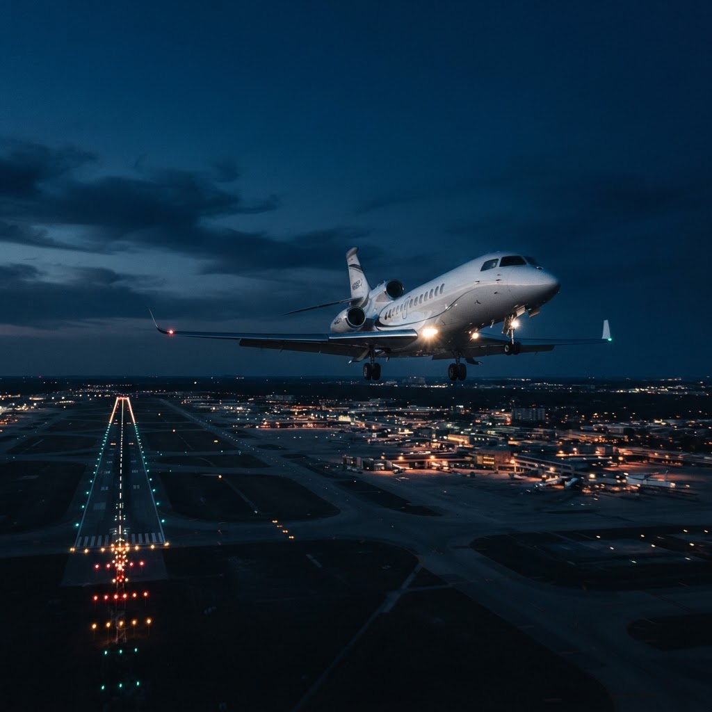 Private jet landing at dusk