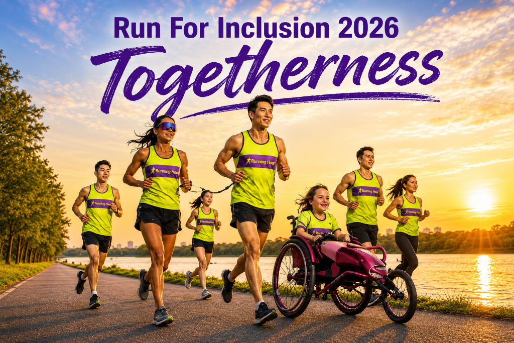 Run for Inclusion 2026 — Togetherness. Group of runners including a wheelchair user in Runninghour jerseys running at sunset.