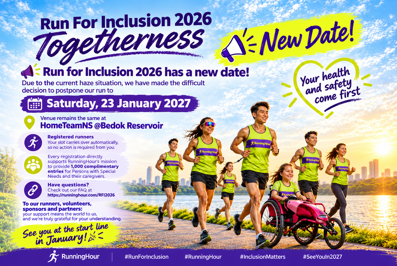 Run for Inclusion 2026 — Togetherness. Group of runners including a wheelchair user in Runninghour jerseys running at sunset.