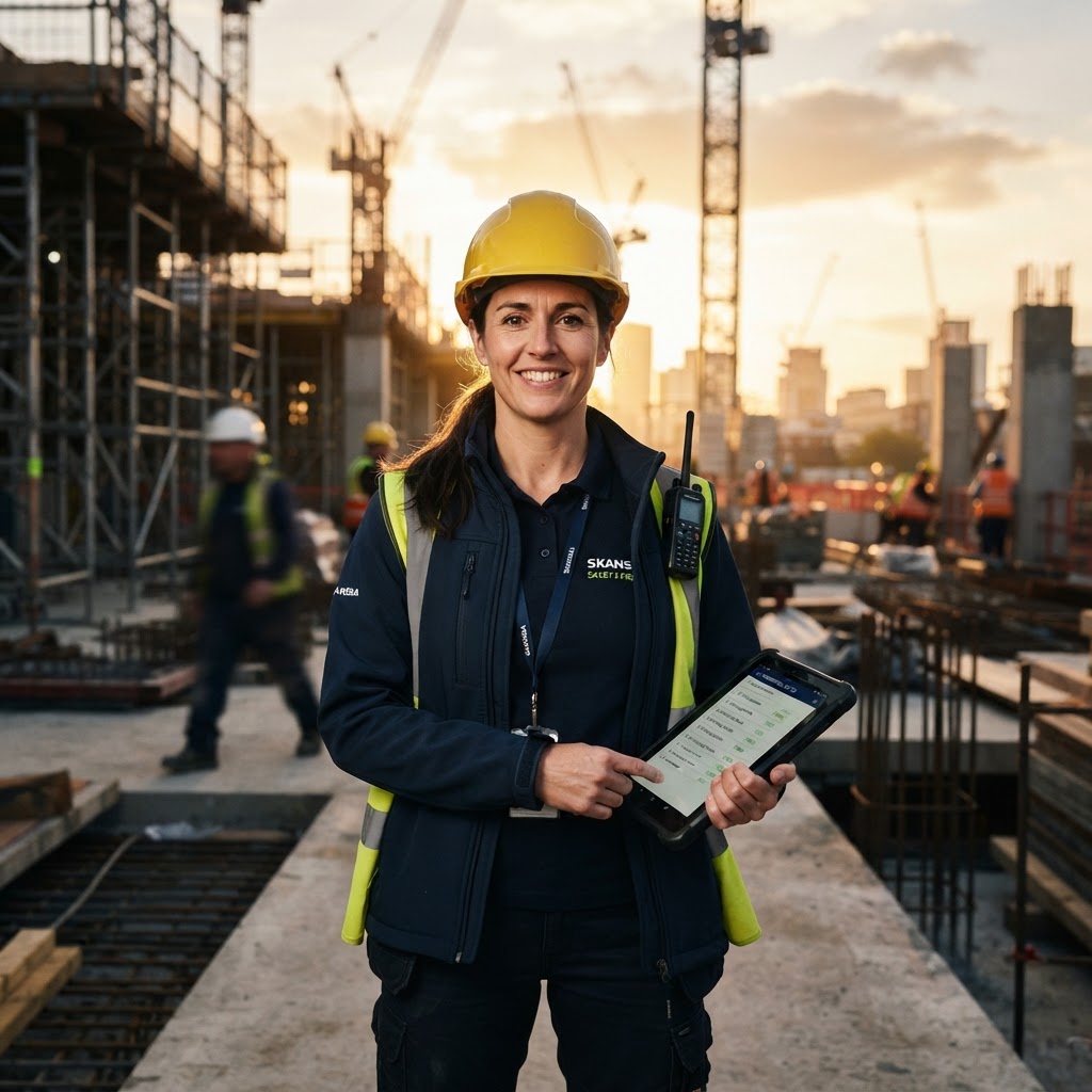 Health and safety manager reviewing a digital checklist on site