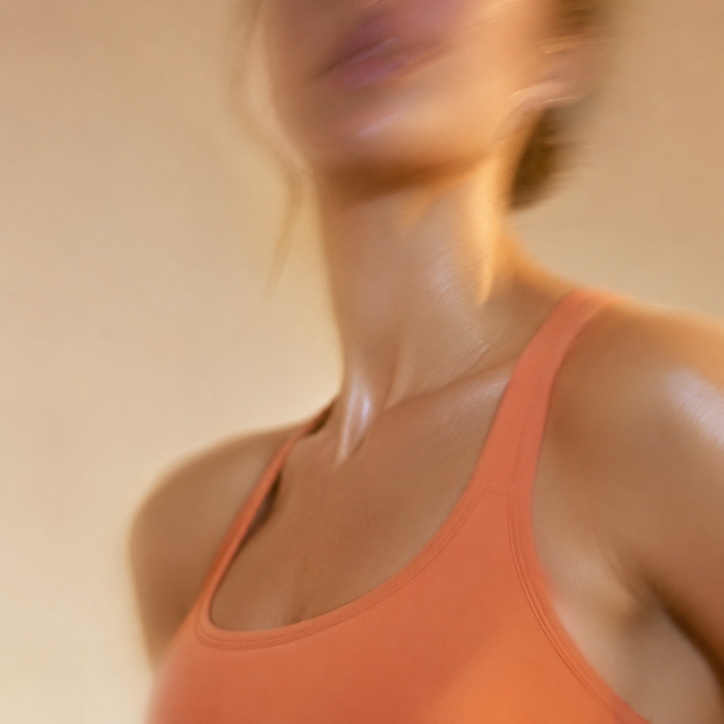 A woman in a warm-toned sports bra, softly blurred, emphasizing the collarbone and shoulder in warm light