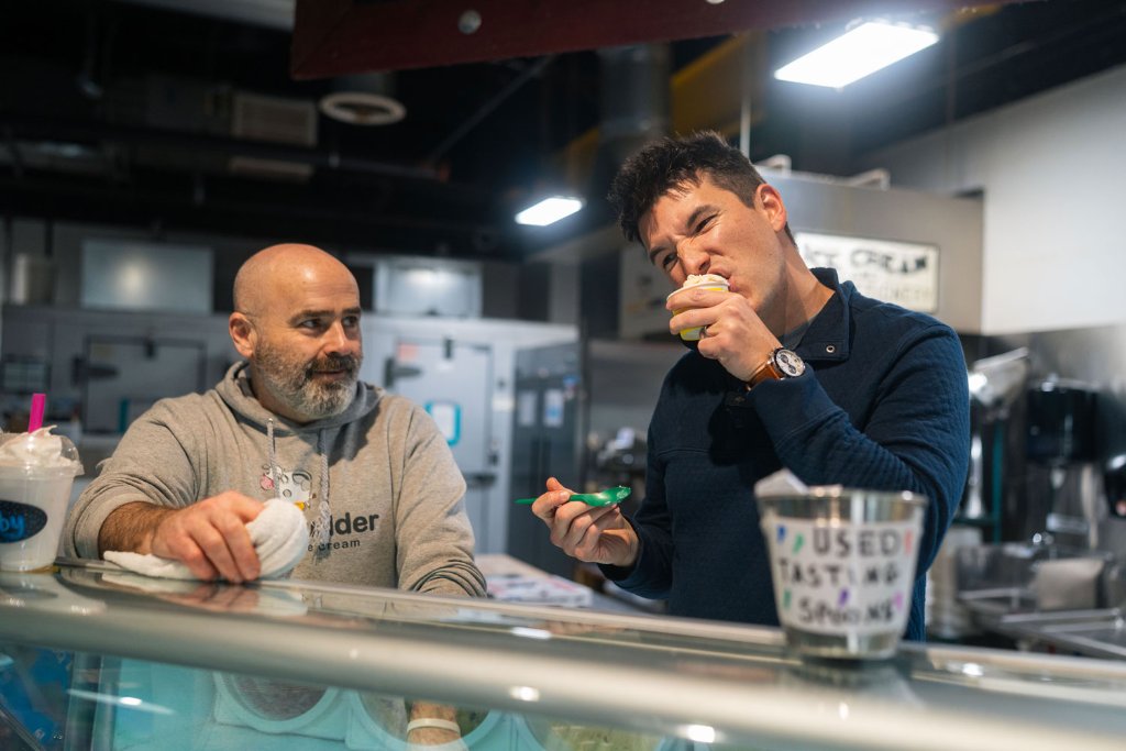 Tasting the ice cream flavors