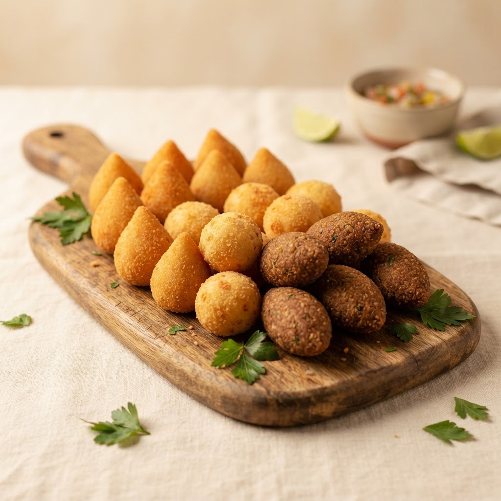 Salgados fresquinhos: coxinha, bolinha de queijo e kibe