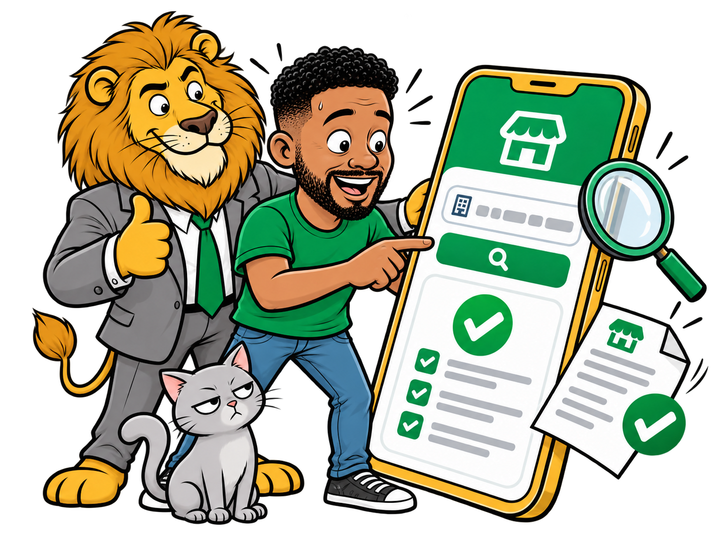 Empreendedor consultando a situação do MEI no celular com o leão e o gatinho Regularizze