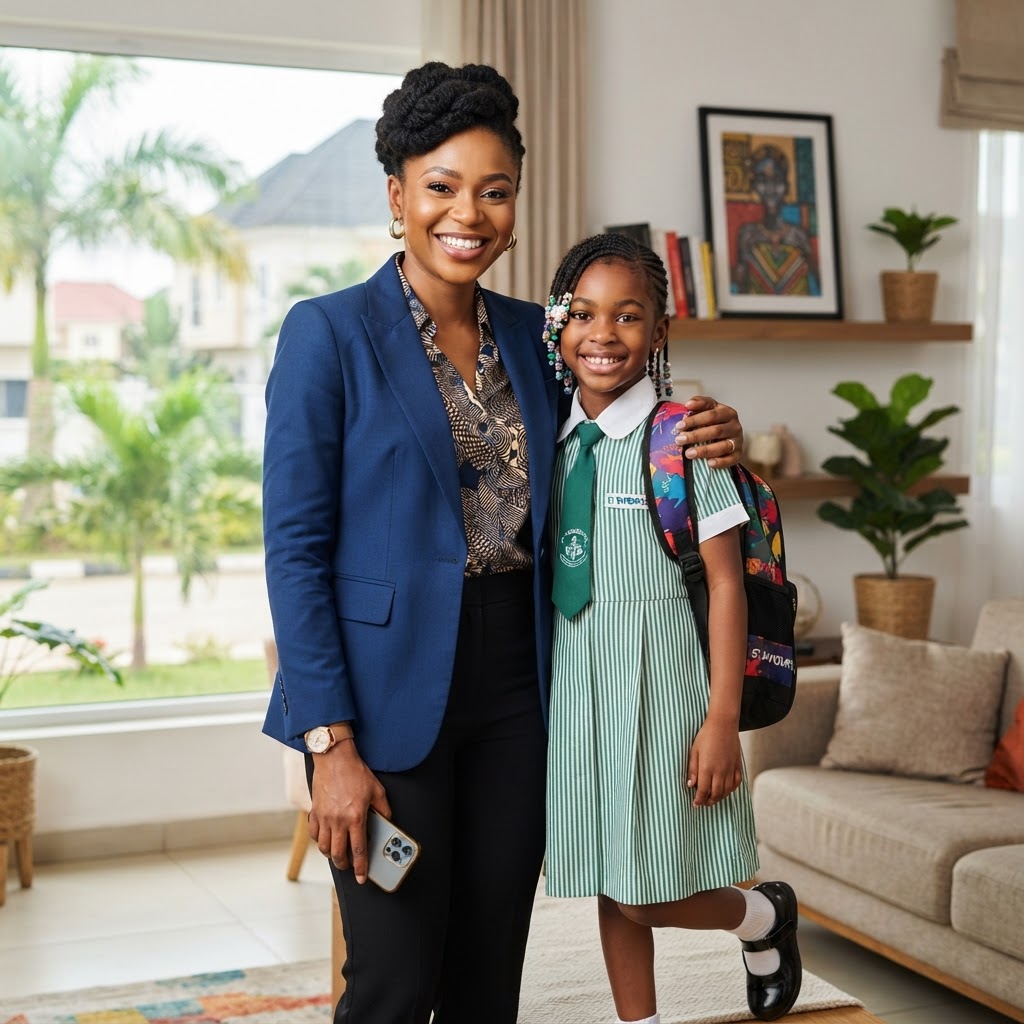 Modern Nigerian corporate mum with her school daughter