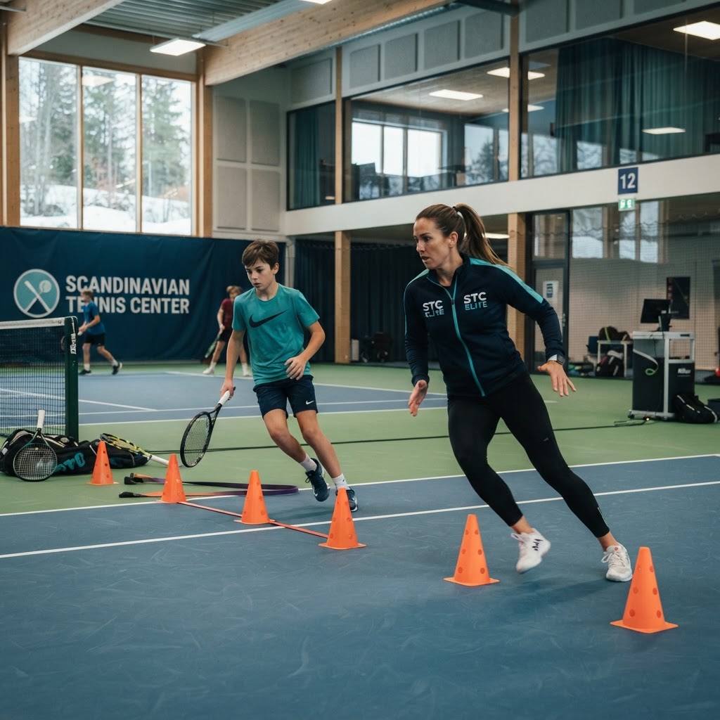 Tennisspelare tränar acceleration och riktningsförändring