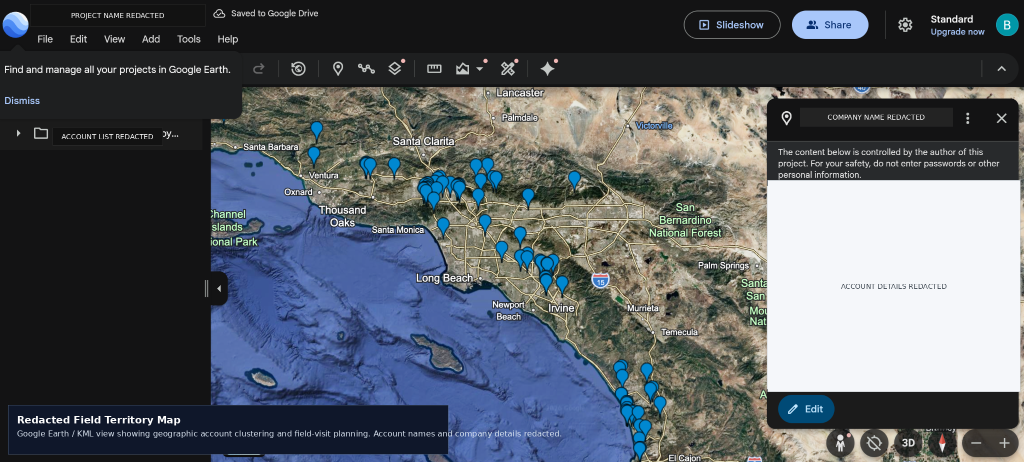 Redacted Field Territory Map — Google Earth / KML view showing geographic account clustering and field-visit planning. Account names and company details redacted.