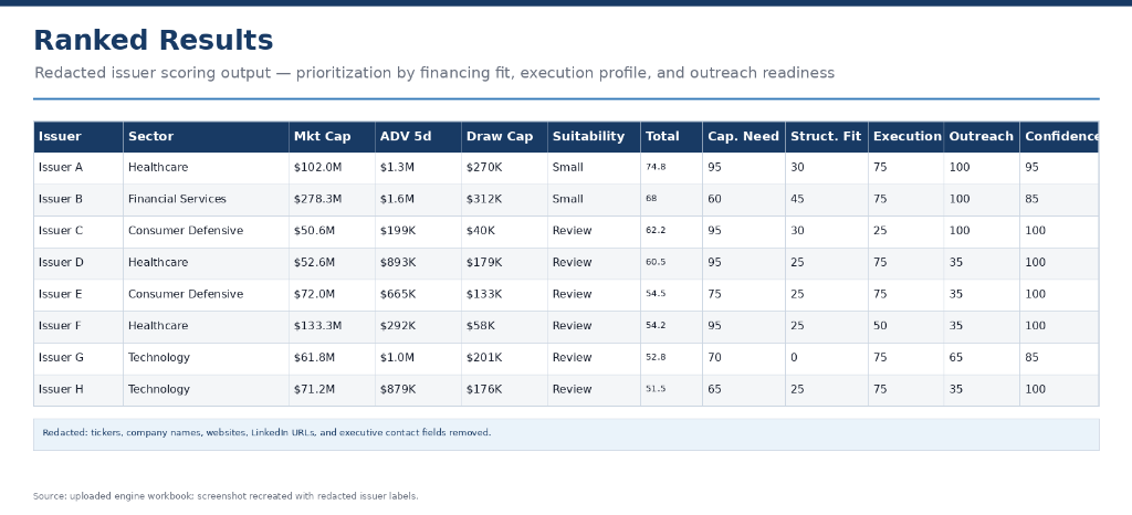 Ranked Results — issuer scoring across capital need, structure fit, execution, outreach potential, and confidence