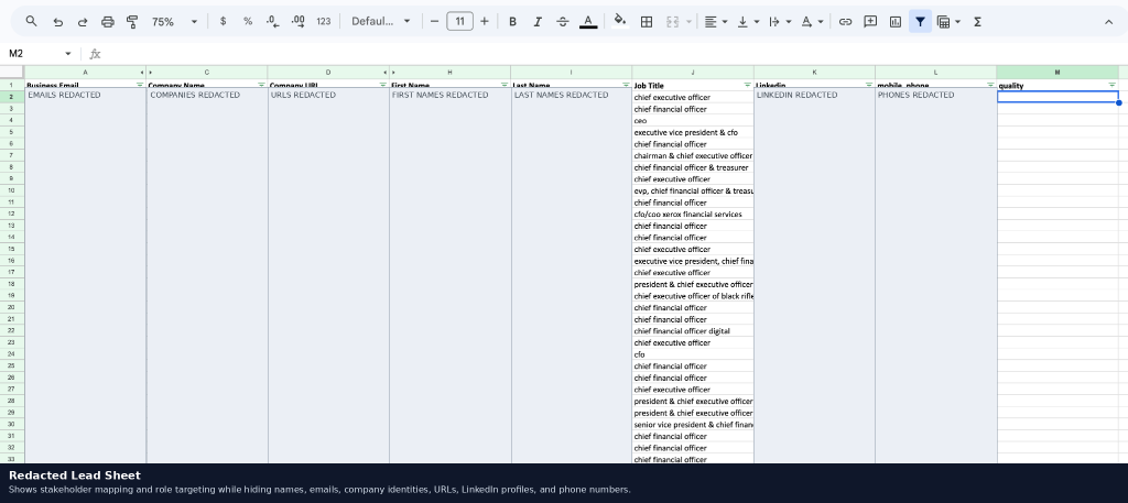 Redacted Lead Sheet — shows stakeholder mapping and role targeting while hiding names, emails, company identities, URLs, LinkedIn profiles, and phone numbers.