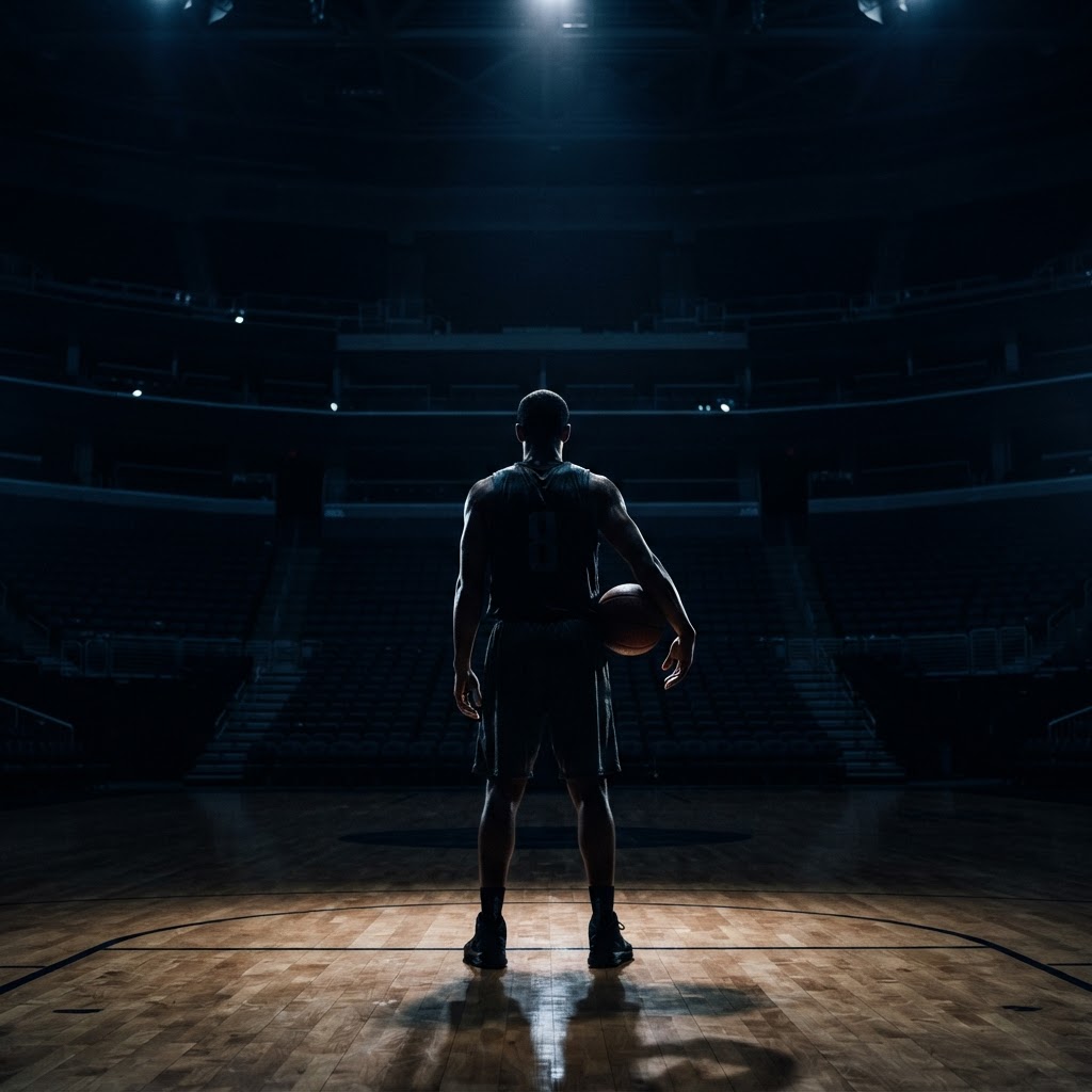 Basketball player from behind under arena spotlights