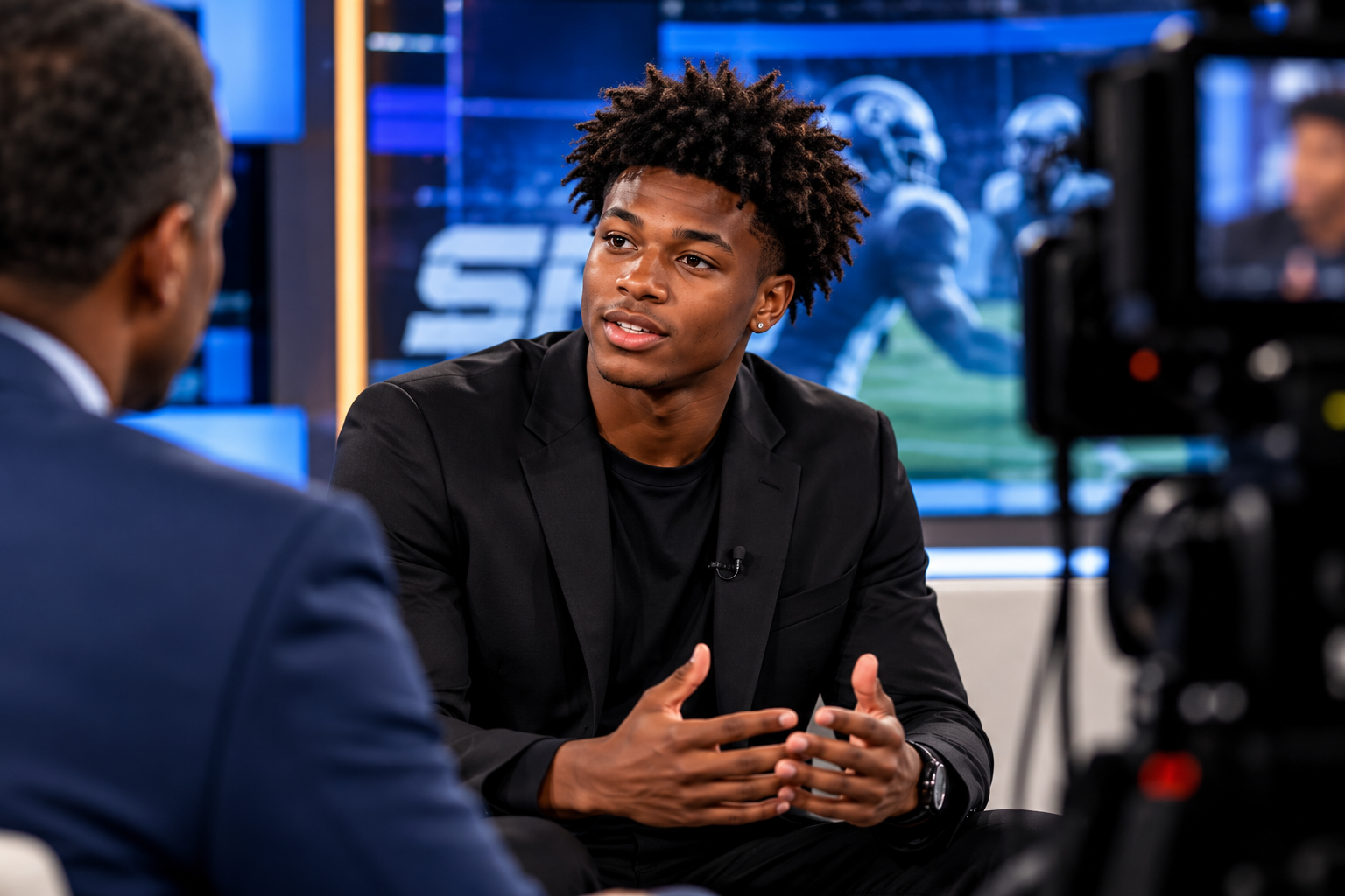 Athlete in a media interview setting representing the next stage of an athletic career