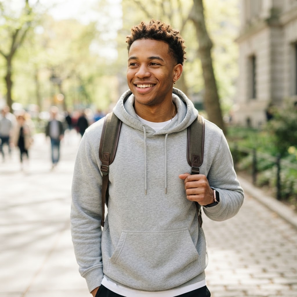 Smiling young man in a gray hoodie in bright daylight