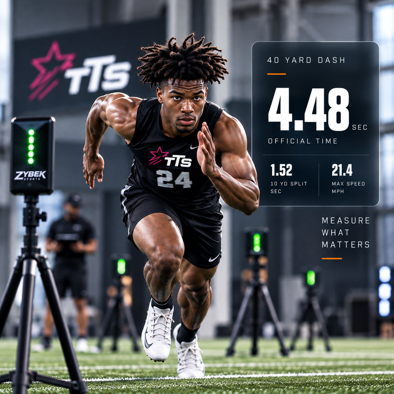 Athlete sprinting on an indoor turf field with an official 40-yard dash time displayed