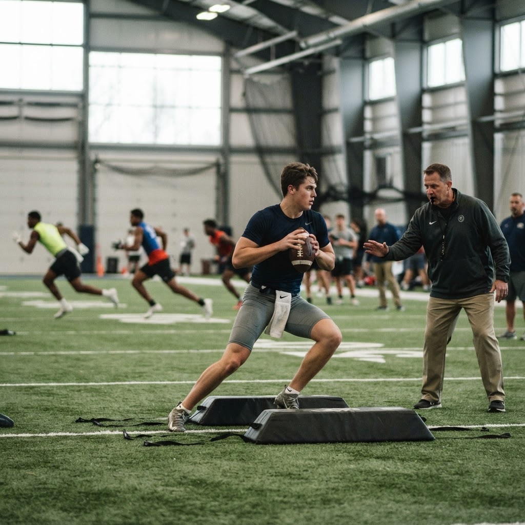 Quarterback working through a drop-back drill with a coach watching as position groups train at a TTS combine
