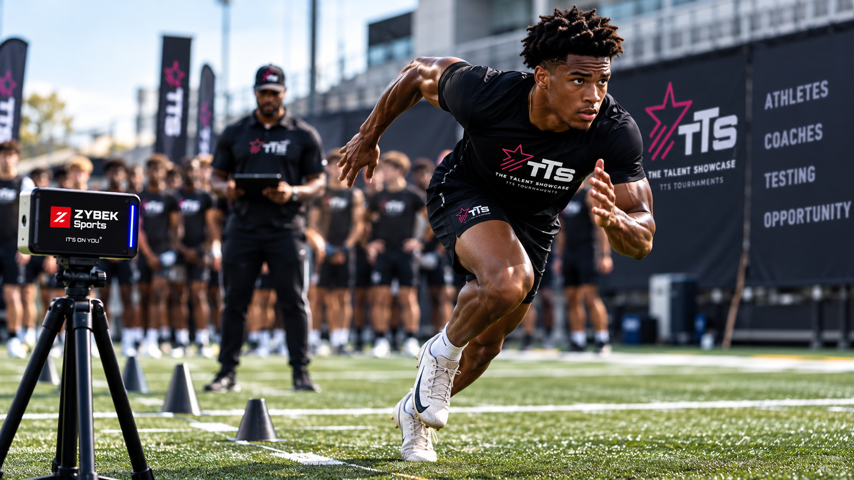 Athlete in TTS gear starting a sprint beside a Zybek Sports timing gate at an outdoor combine