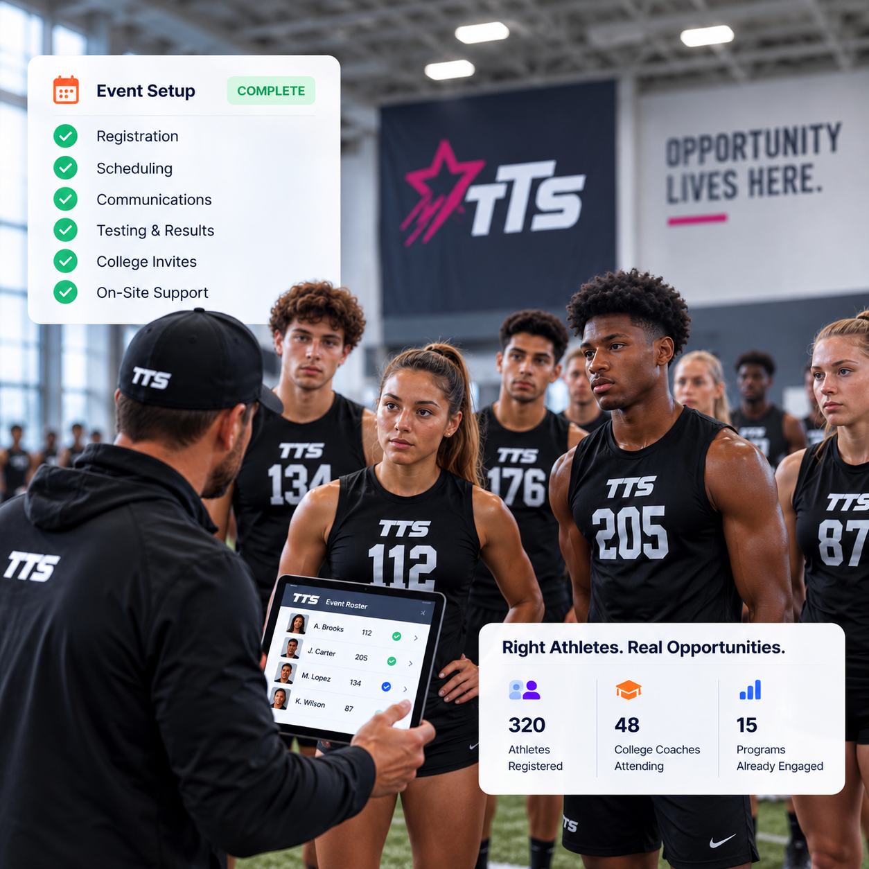 TTS staff member reviewing an event roster with a group of athletes at an indoor facility