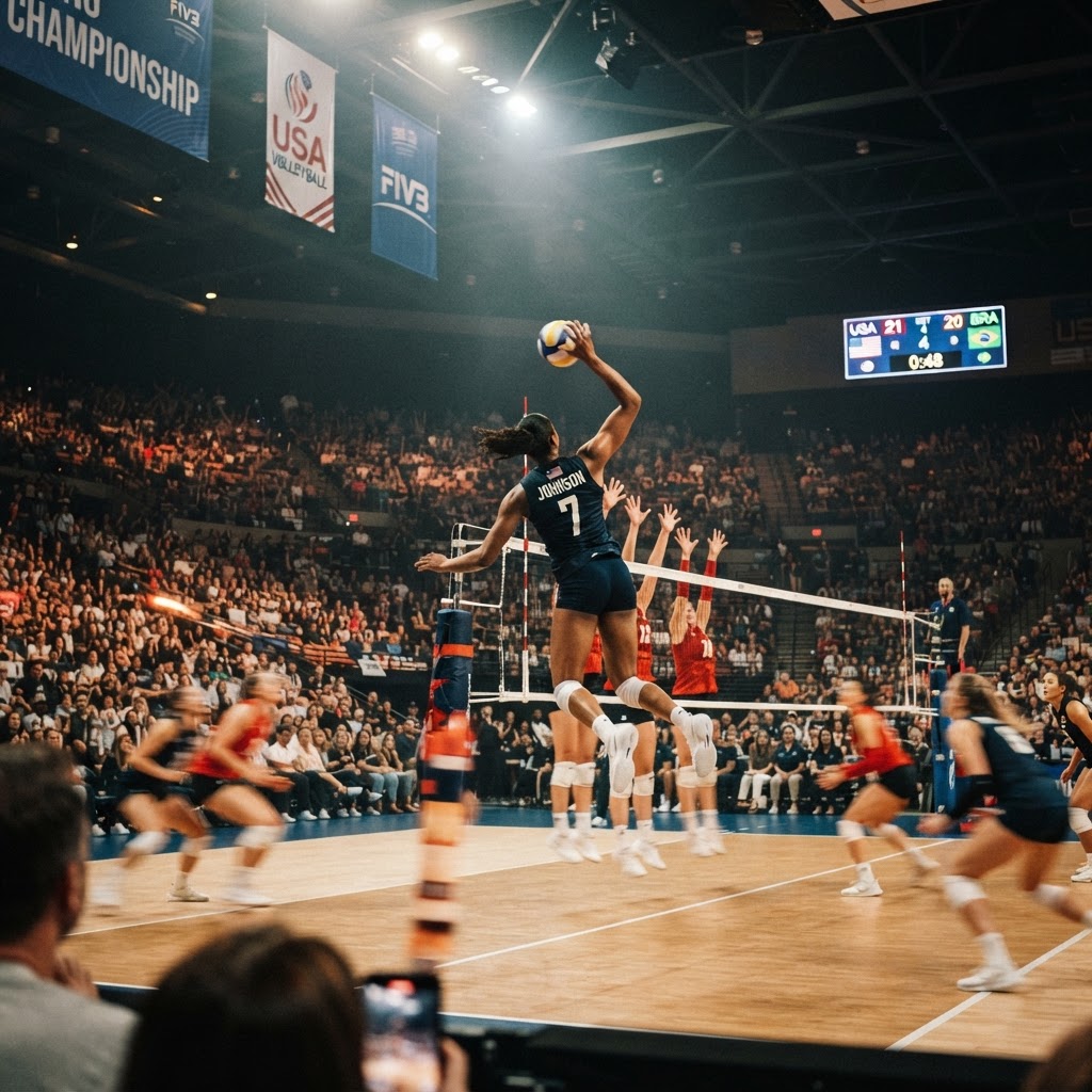 Championship volleyball match in a packed arena