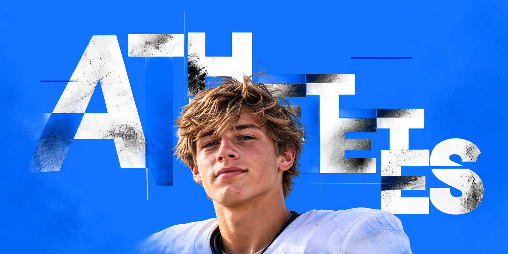 ATHLETES word art with a young athlete portrait against a blue field
