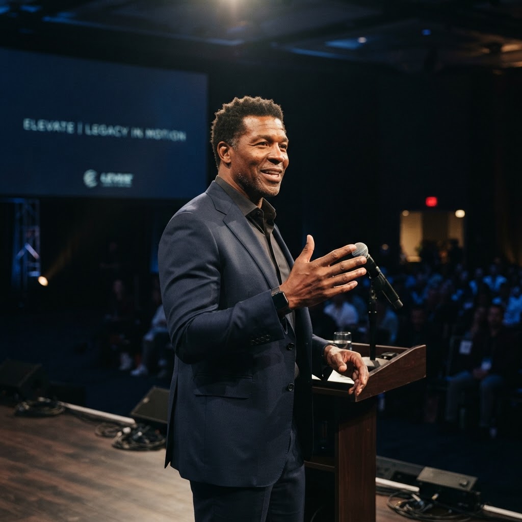 Accomplished former professional athlete speaking from a spotlit stage