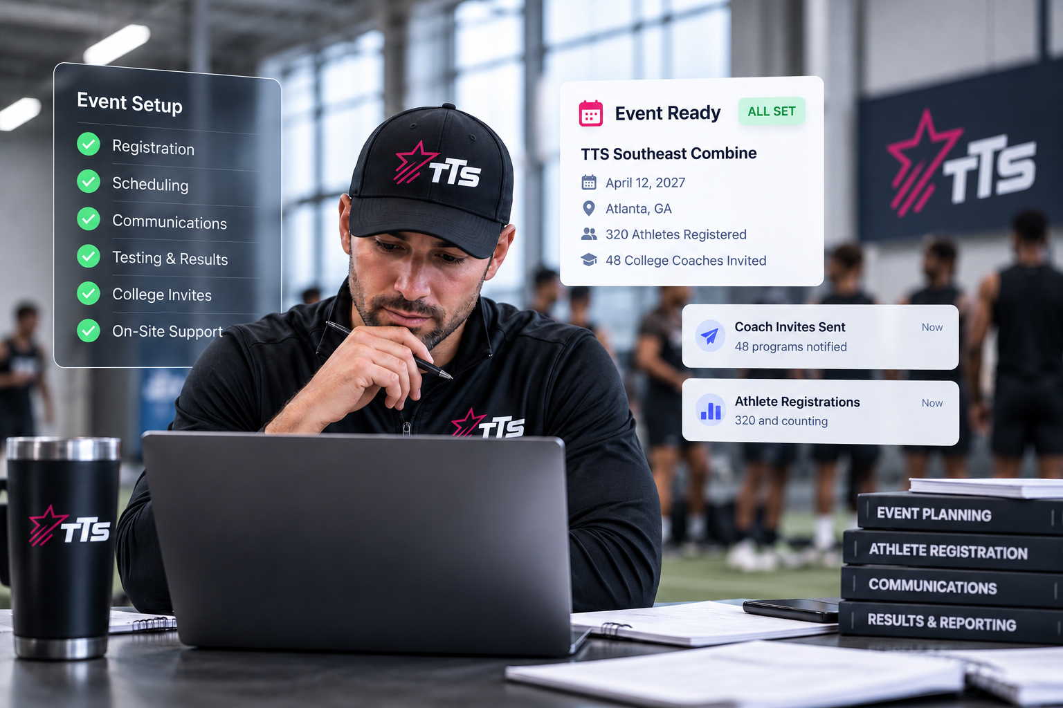 TTS staff member reviewing an event checklist with registration, scheduling, communications, testing and on-site support completed