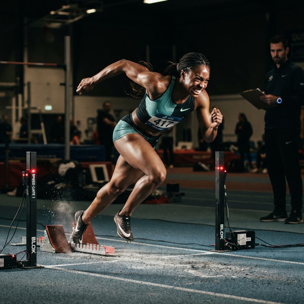 Sprinter exploding from the blocks through timing gates at an athletic combine