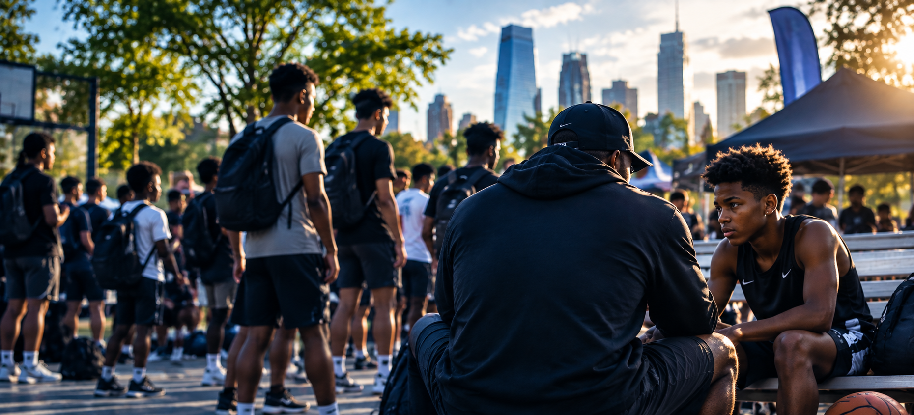 Coach and young athlete in conversation on an outdoor community court at golden hour