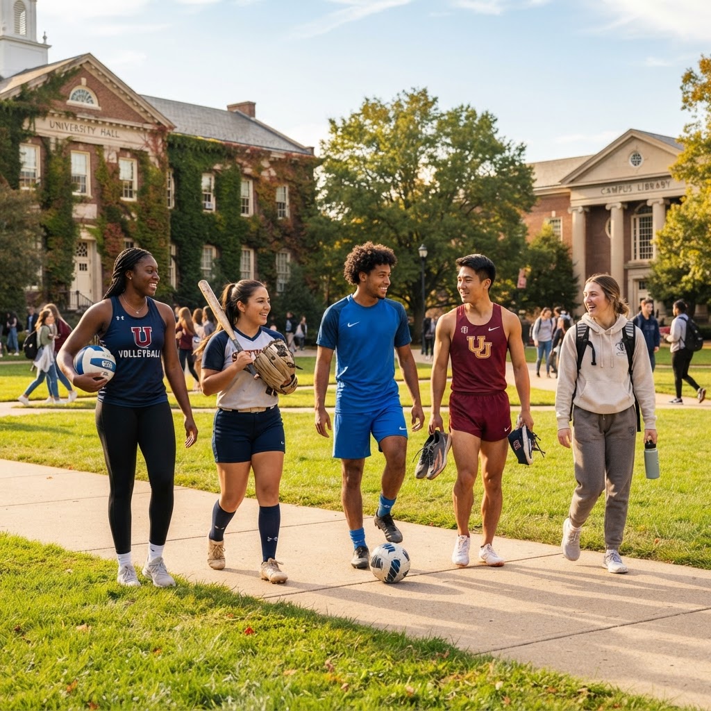Student-athletes walking across a sunny college campus