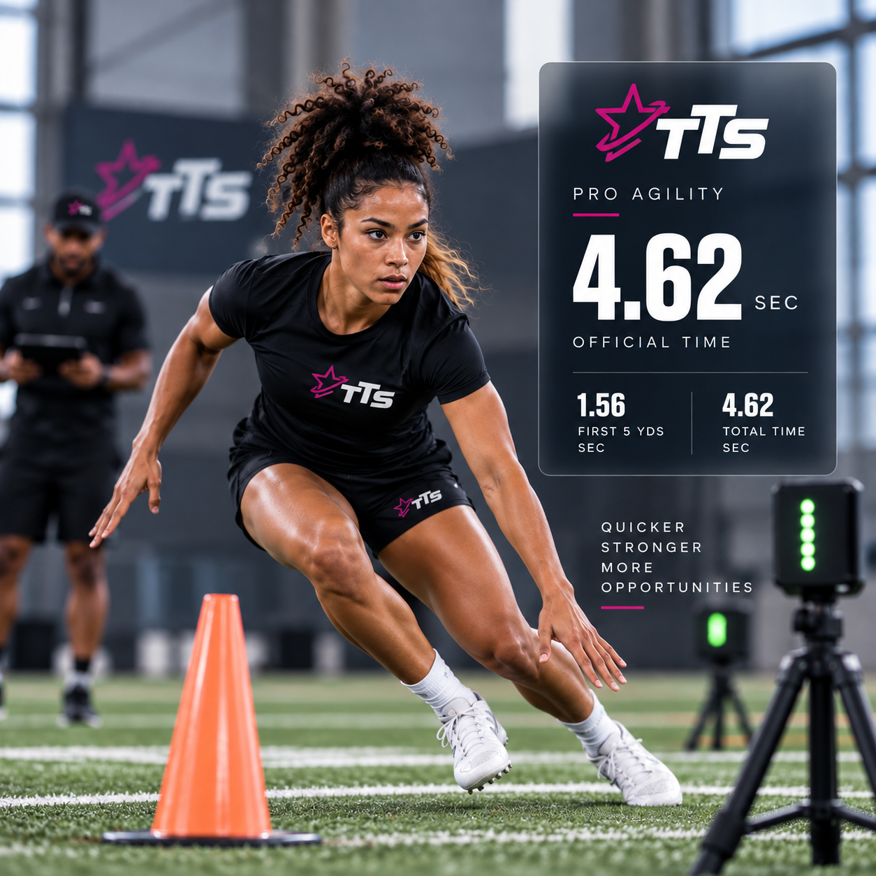 Athlete changing direction during pro agility testing with an official time displayed