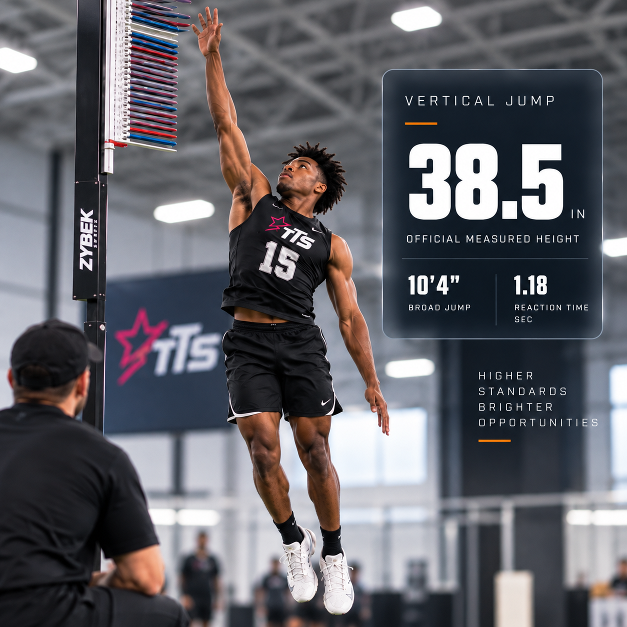 Athlete at the peak of a vertical jump on a Zybek Sports measuring device with official results