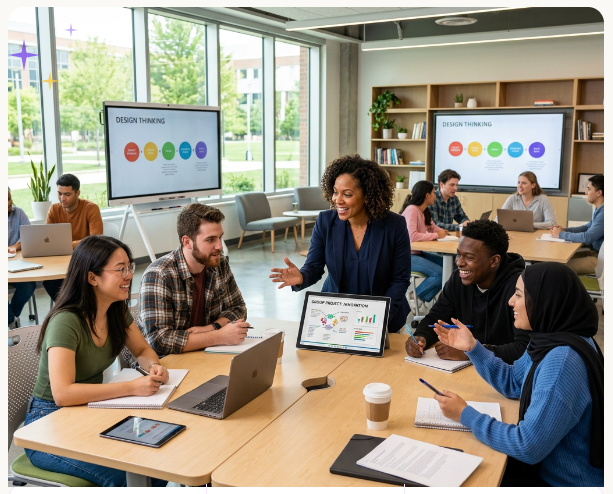Students and teacher collaborating in a classroom