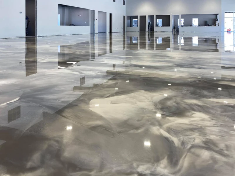 Metallic silver epoxy floor in a commercial space