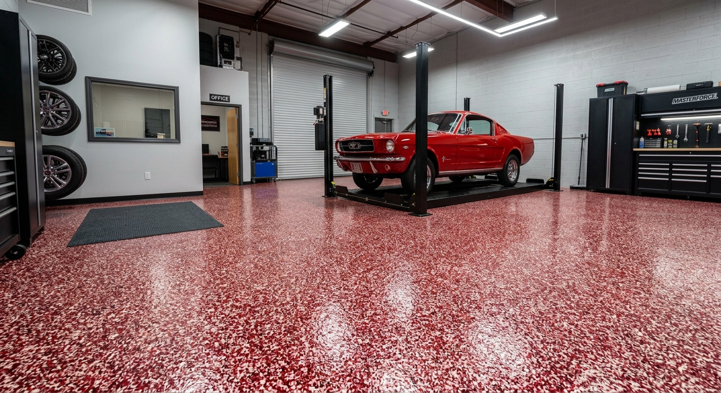 Red flake epoxy floor in a professional garage