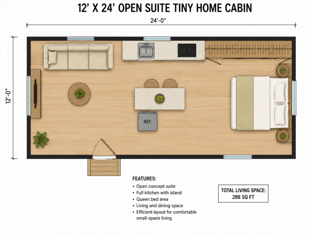 12x24 Open Suite Tiny Home Cabin Floor Plan