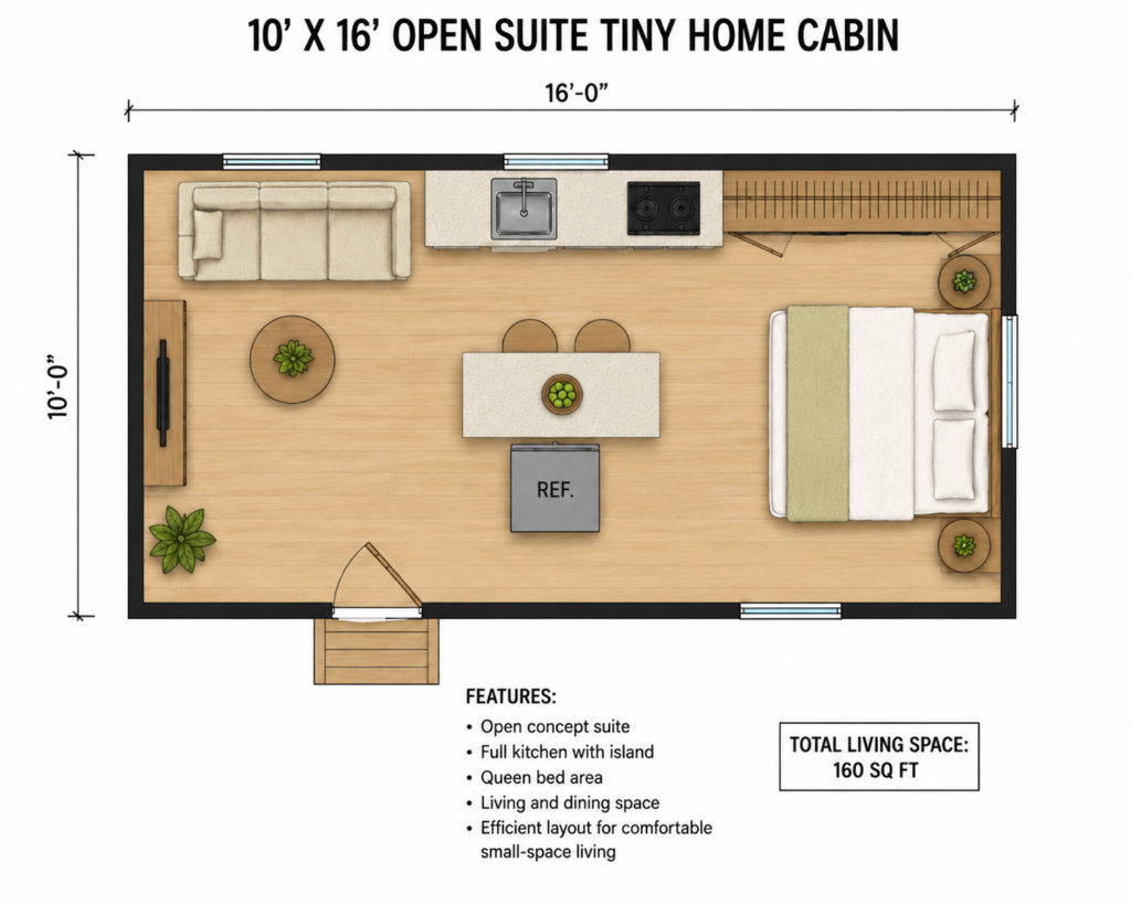 10x16 Open Suite Tiny Home Cabin Floor Plan