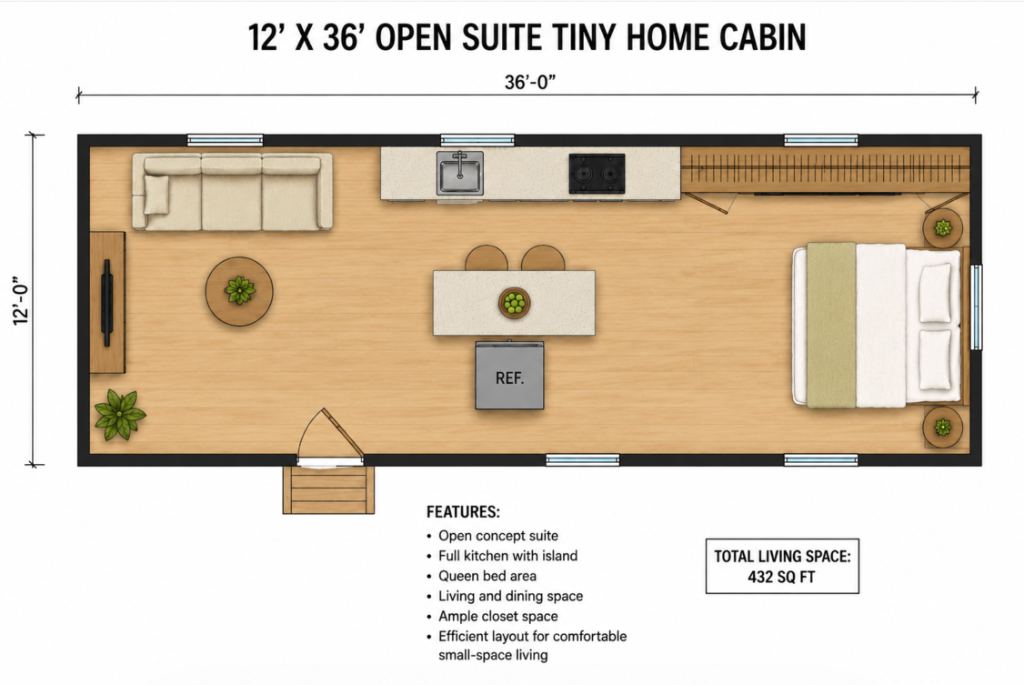 12x36 Open Suite Tiny Home Cabin Floor Plan