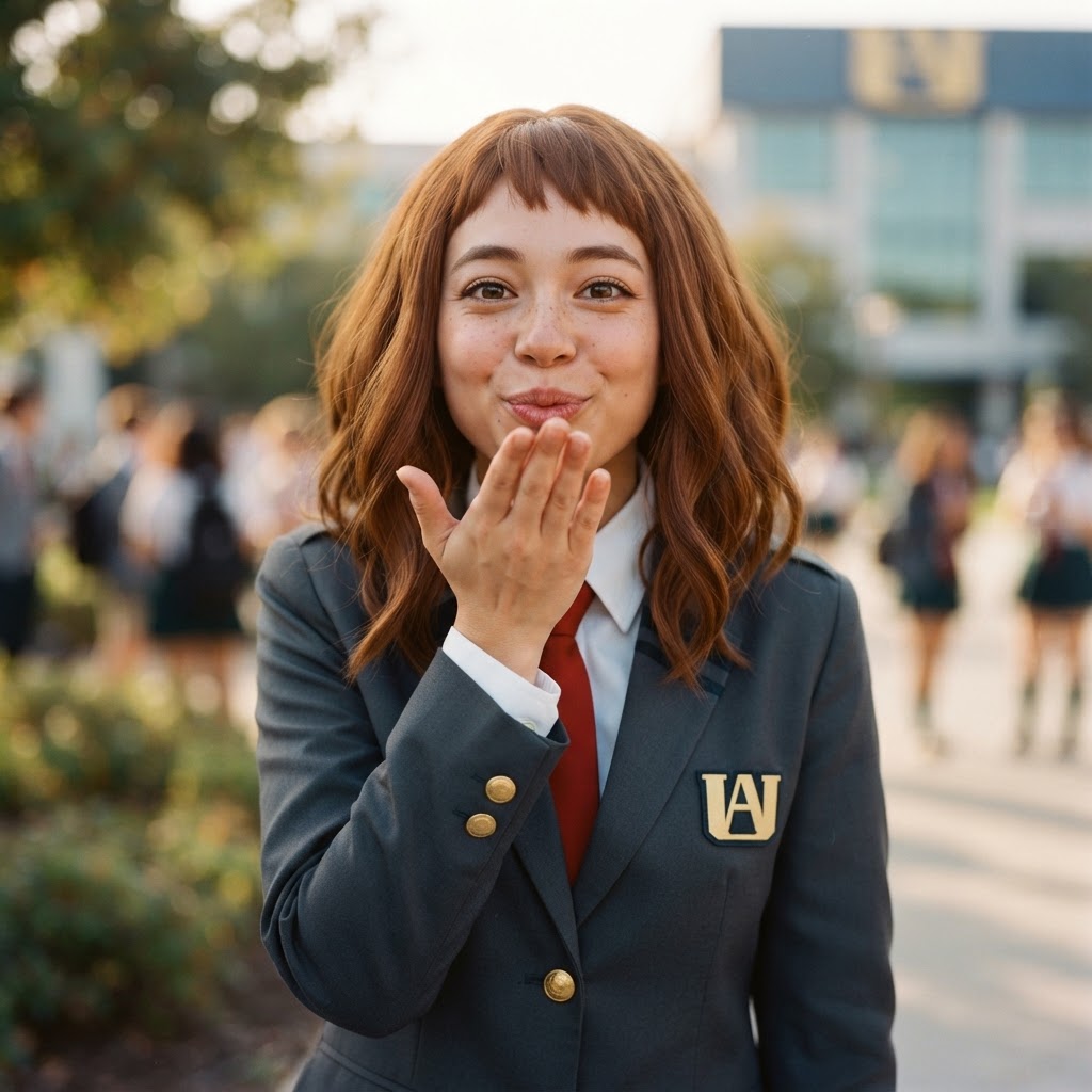 My Hero Academia, Ochako Uraraka, 1girl, young, big brown eyes, short brown hair with baby bangs, school uniform, solo, looking at viewer, blowing kiss