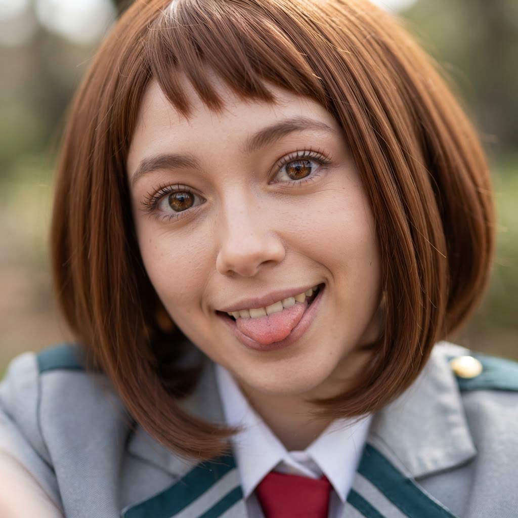 My Hero Academia, Ochako Uraraka, 1girl, young, big brown eyes, short brown hair with baby bangs, school uniform, solo, face focus, looking at viewer, smile, tongue out