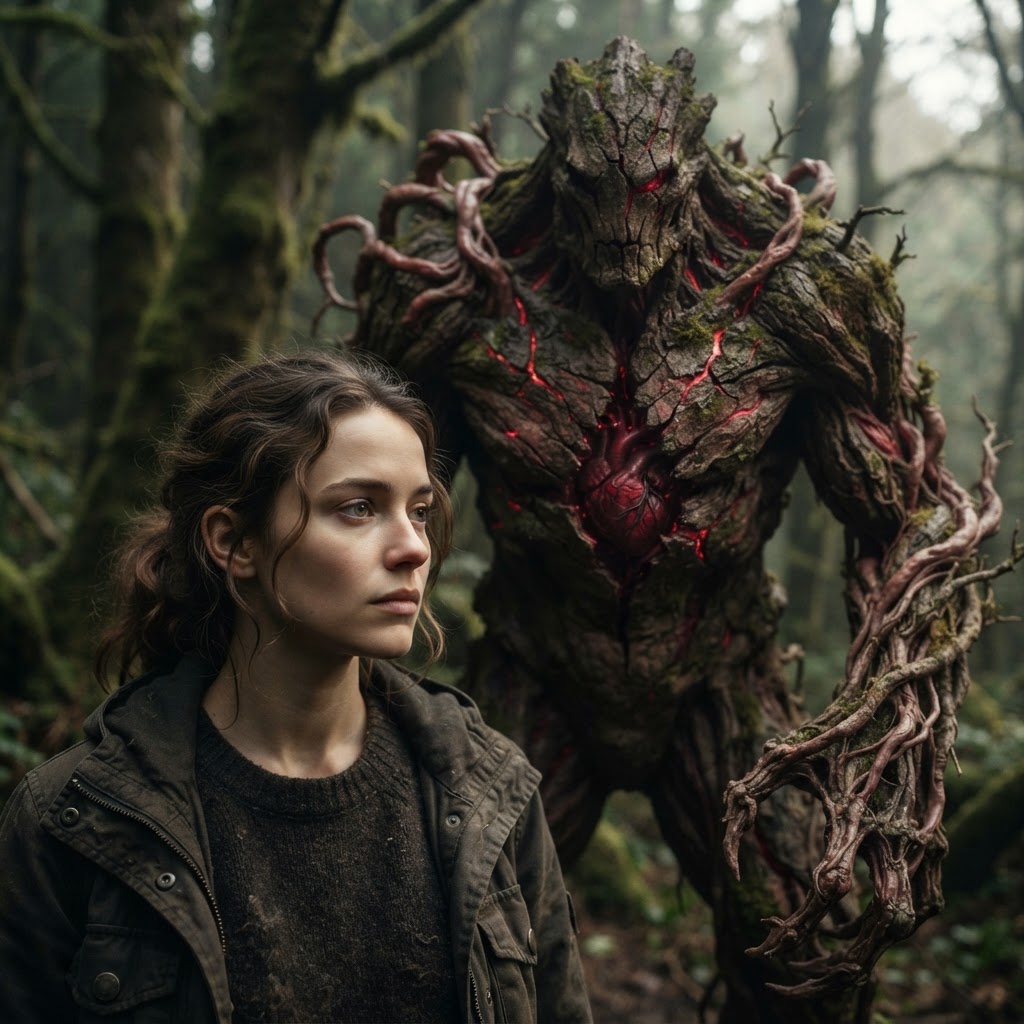 portrait of a large four limbed plant creature with bark skin, cracks show pulsing red flesh underneath. Fleshy tendrils potrude from its massive form. its arms are long intertwined roots, at its torsos center glimpses of a red heart can be seen. Gothic fantasy art, not humanoid